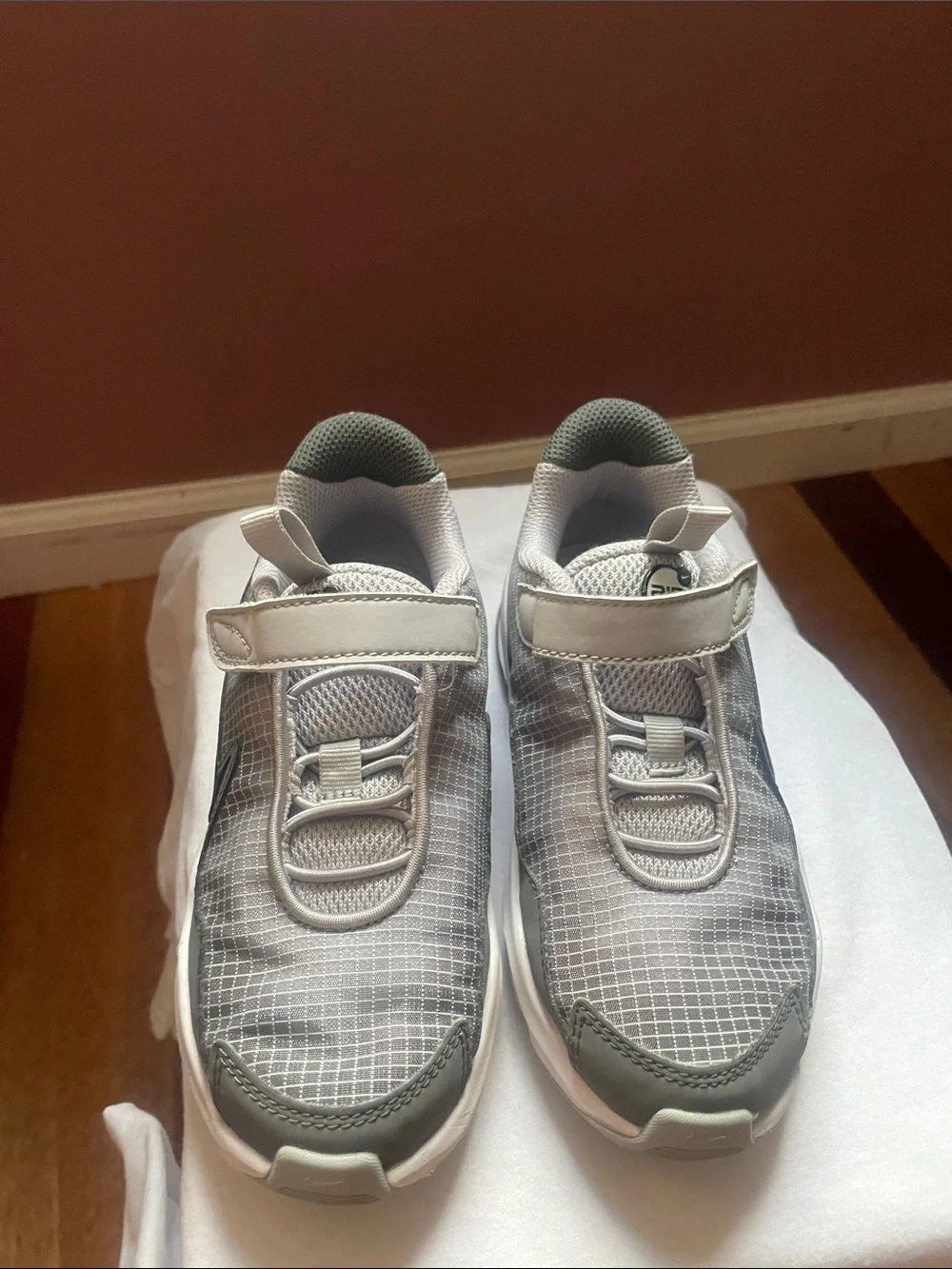 Nike Kids Grey and White Athletic Sneakers with Hook-and-Loop Strap